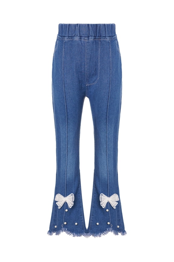 Kids Girls Casual Denim Pants Flared Jeans Juniors Ripped Ruffled Bell Bottoms Long Pants Type A 150/5XL
