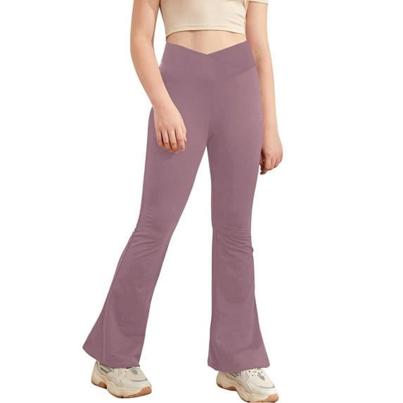 CHICTRY Kids Girls Casual V Crossover Bell Bottom Athletic Tight Leggings High Waist Yoga Flared Pants Purple 7-8