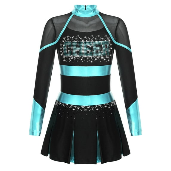 CHICTRY Kids Girls Cheerleader Dance Dress School Girls Cheers Uniform Shiny Rhinestone Mesh Patchwork Dress Black&Blue Green 10