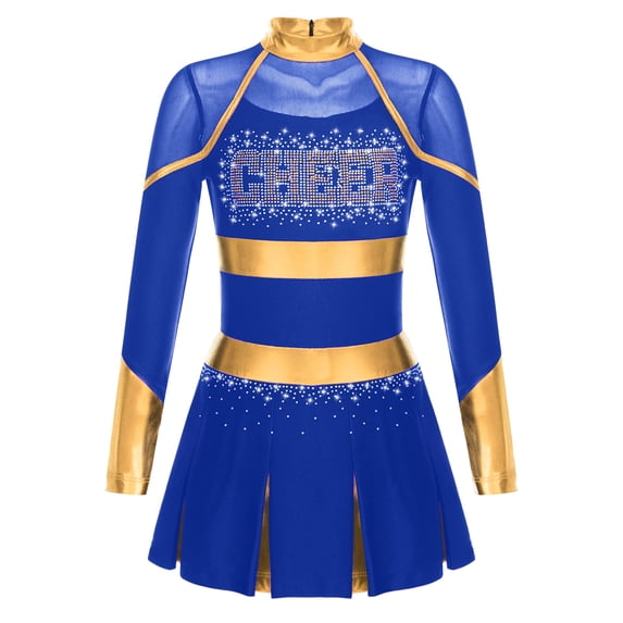 CHICTRY Kids Girls Cheerleader Dance Dress School Girls Cheers Uniform Shiny Rhinestone Mesh Patchwork Dress Blue 8