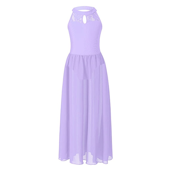 CHICTRY Kids Girls Chiffon Split Lyrical Dance Long Dress Lace Splice Backless Contemporary Dance Overlay Dress Light Purple 12