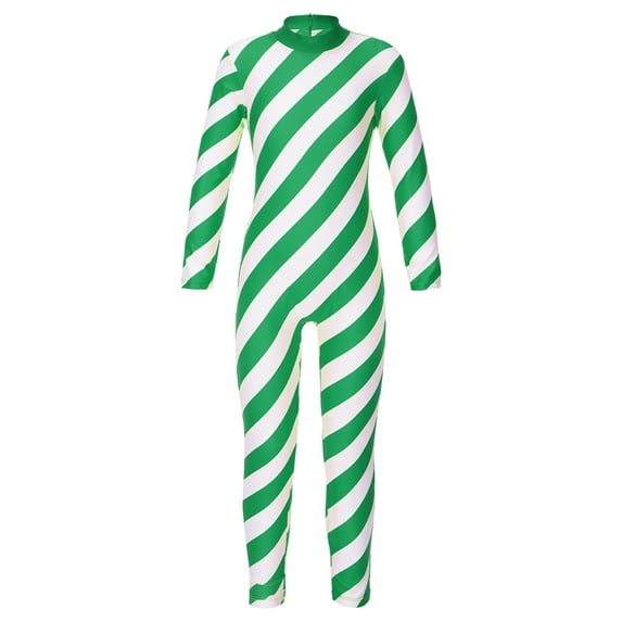 CHICTRY Kids Girls Christmas Candy Cane Costume Striped Long Sleeve Jumpsuit Gymnastics Dance Bodysuit Green 14
