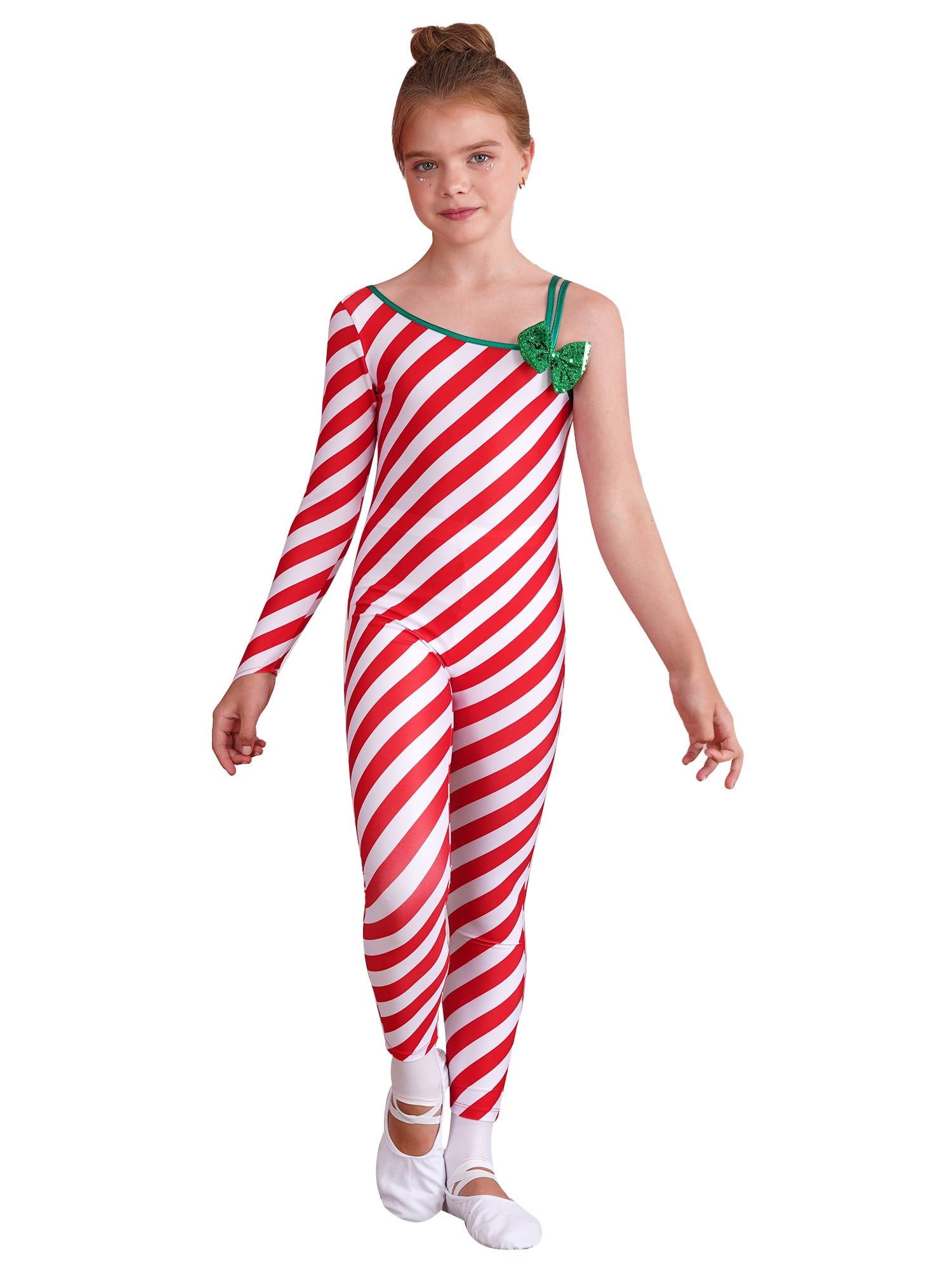 CHICTRY Kids Girls Christmas One Shoulder Unitard Candy Cane Stripes ...