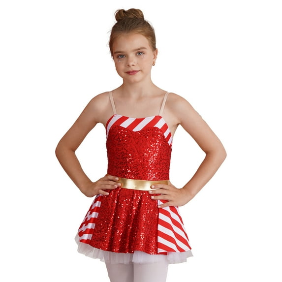 CHICTRY Kids Girls Christmas Shiny Sequins Ballet Camis Dress Candy Cane Costume Stripes Tulle Leotard Dress A Red 16