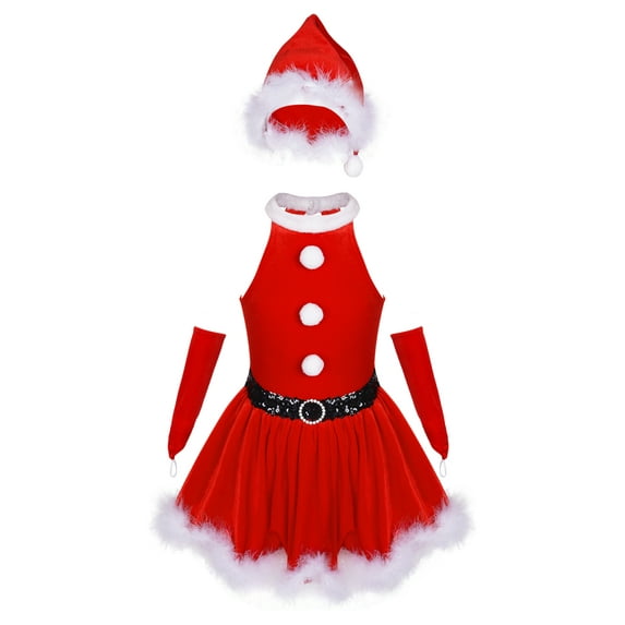 CHICTRY Kids Girls Christmas Snowman Cosplay Costume Halter Tutu Dress Feather Trim A-Line Dress with Hat Gloves Red 8
