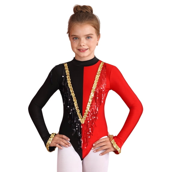CHICTRY Kids Girls Circus Trapeze Leotard Long Sleeve Sequins Bodysuit Halloween Cosplay Party Costume Jumpsuit Red 12