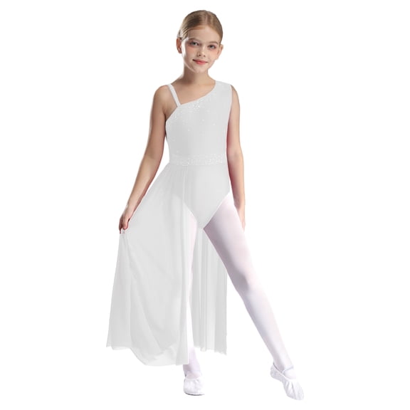 CHICTRY Kids Girls' Contemporary Lyrical Dance Dress Sleeveless Leotard Split Maxi Skirts White 10