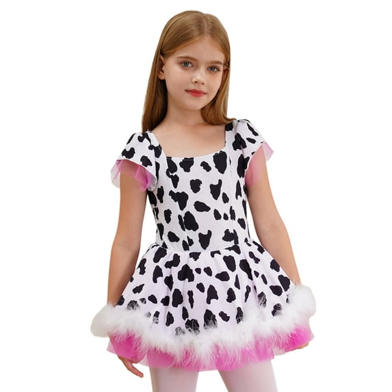 CHICTRY Kids Girls Cowgirls Birthday Party Dress Cow Printed Short Sleeve Ballet Dance Dresses BlacK White 8