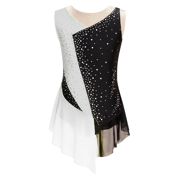 CHICTRY Kids Girls Dance Leotard Shiny Rhinestone Mesh Figure Skating Gymnastics Bodysuit White 16