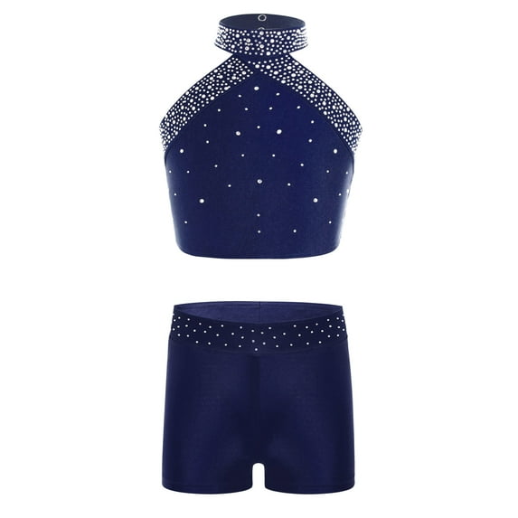 CHICTRY Kids Girls Dance Outfits Crop Top with Athletic Shorts Set for Gymnastics Yoga Tracksuit Navy Blue 6
