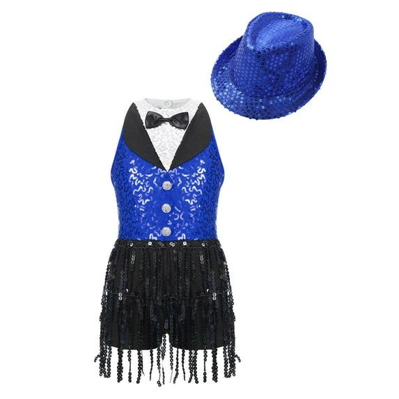 CHICTRY Kids Girls Dance Training Competition Dancewear Outfit Sequins Tassels Jumpsuit with Hat Jazz Modern Dancewear Royal Blue 14