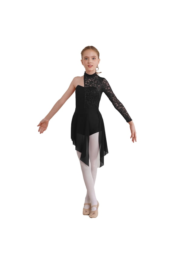 Kids Girls Figure Ice Skating Costume Modern Lyrical Dance Dress Floral Lace Latin Jazz Dancewear Black 10