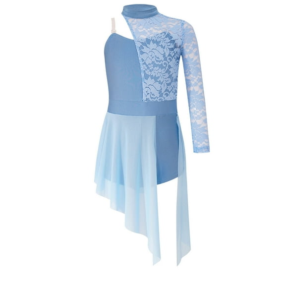 CHICTRY Kids Girls Figure Skating Jumpsuit Floral Lace Long Sleeve Modern Lyrical Dance Skirted Leotard Light Blue 6