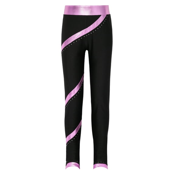 CHICTRY Kids Girls Figure Skating Leggings Spiral Metallic Striped Dance Pants Shiny Rhinestones Gym Pants Pink 16