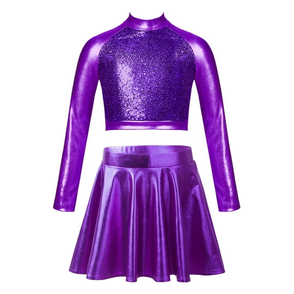 CHICTRY Kids Girls Figure Skating Suit Glossy Long Sleeve Sequins Crop Top with A-line Skirt Modern Jazz Dance Outfit Purple 14
