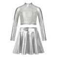 thumbnail image 1 of CHICTRY Kids Girls Figure Skating Suit Glossy Long Sleeve Sequins Crop Top with A-line Skirt Modern Jazz Dance Outfit Silver 10, 1 of 7