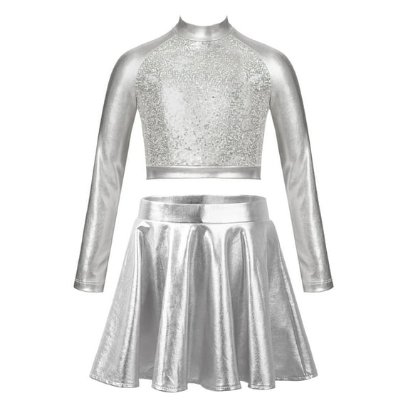 CHICTRY Kids Girls Figure Skating Suit Glossy Long Sleeve Sequins Crop Top with A-line Skirt Modern Jazz Dance Outfit Silver 10