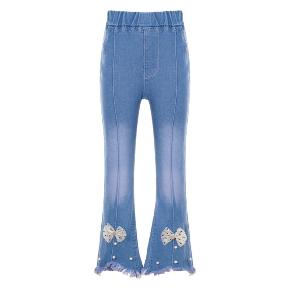 CHICTRY Kids Girls Flared Jeans High Waist Frayed Denim Pants Cute Bowknot Bell Bottom Pants Type C 160/6XL