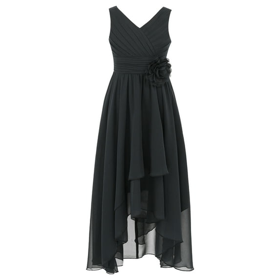 CHICTRY Kids Girls Flower Dress Ruched Bodice Irregular Chiffon Dresses Princess Party Maxi Gown Black 8