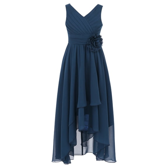CHICTRY Kids Girls Flower Dress Ruched Bodice Irregular Chiffon Dresses Princess Party Maxi Gown Navy Blue 10