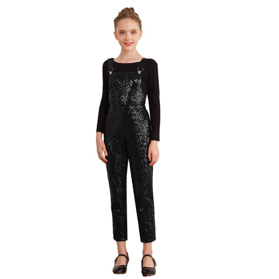 CHICTRY Kids Girls Glittery Overalls Wide Shoulder Straps Shiny Sequins Jumpsuit Carnival Performance Outfit Black 16