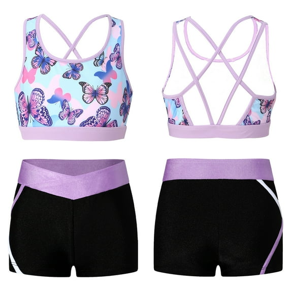 CHICTRY Kids Girls Gym Outfit Sleeveless U Neck Strappy Back Crop Top with Low Waist Shorts Sports Suit Activewear Butterfly 6