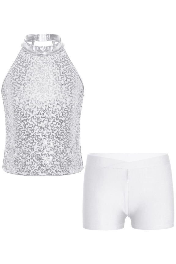 Kids Girls Gymnastic Ballet Dance Outfit Halter Shiny Sequins Crop Top with Shorts Dancewear White 14