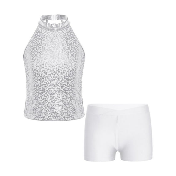 CHICTRY Kids Girls Gymnastic Ballet Dance Outfit Halter Shiny Sequins Crop Top with Shorts Dancewear White 14