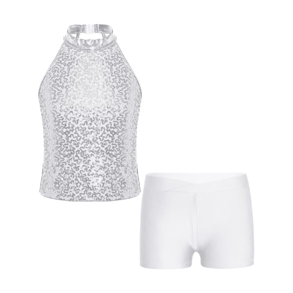 CHICTRY Kids Girls Gymnastic Ballet Dance Outfit Halter Shiny Sequins Crop Top with Shorts Dancewear White 14