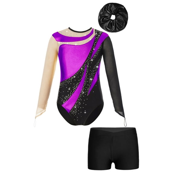 CHICTRY Kids Girls Gymnastic Performance Outfit Long Sleeve Shiny Leotard with Shorts Hair Band Dance Set Purple&Black 12
