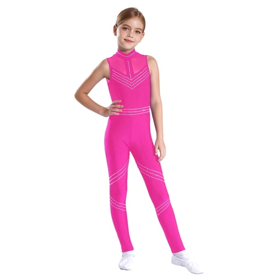 CHICTRY Kids Girls Gymnastics Unitard Sleeveless Rhinestone Shiny Figure Skating Dance Jumpsuit Hot Pink 10