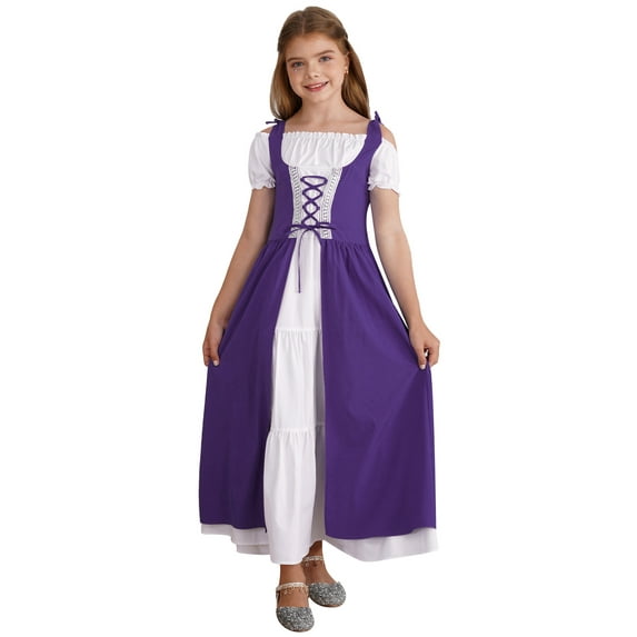 CHICTRY Kids Girls Halloween Vintage Cosplay Dress Off Shoulder Maxi Dress Medieval Renaissance Gown Dress Dark Purple 10