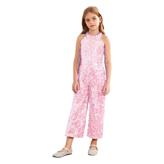CHICTRY Kids Girls Halter Sleeveless Party Romper All Sparkly Sequins One Piece Jumpsuit Birthday Pageant Proms Outfit Pink 10