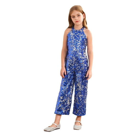 CHICTRY Kids Girls Halter Sleeveless Party Romper All Sparkly Sequins One Piece Jumpsuit Birthday Pageant Proms Outfit Royal Blue 12
