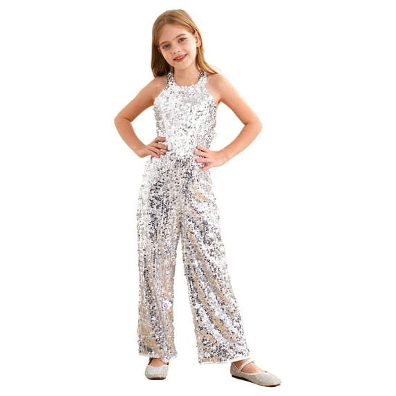 CHICTRY Kids Girls Halter Sleeveless Party Romper All Sparkly Sequins One Piece Jumpsuit Birthday Pageant Proms Outfit Silver 12