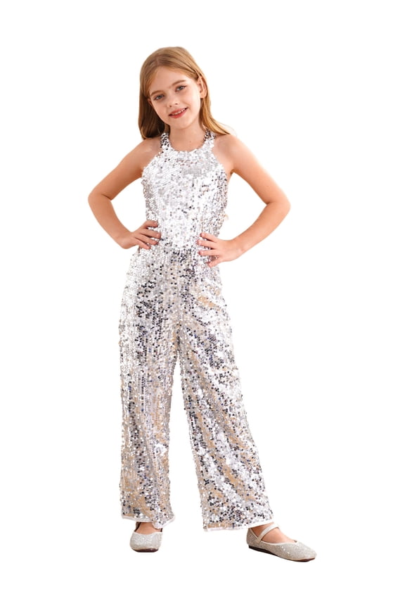 Kids Girls Halter Sleeveless Party Romper All Sparkly Sequins One Piece Jumpsuit Birthday Pageant Proms Outfit Silver 8