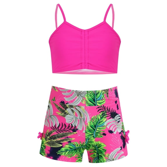 CHICTRY Kids Girls Hawaii 2 Pcs Tankini Ruched Crop Top with Floral Shorts Athletic Swimsuits Hot Pink 11-12