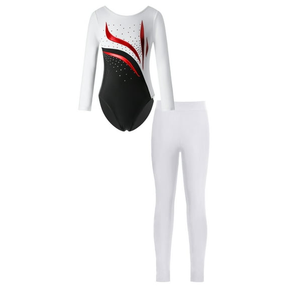 CHICTRY Kids Girls Ice Skating Outfit Shiny Rhinestone Long Sleeve Leotard with Pants Dance Gym Suit White 8