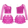 thumbnail image 1 of CHICTRY Kids Girls Jazz Dance Outfit Asymmetrical Metallic Sequins Tops with Tiered Ruffles Culottes Cheer Leader Dance Costume A Hot Pink 8, 1 of 7