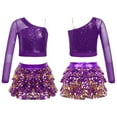thumbnail image 1 of CHICTRY Kids Girls Jazz Dance Outfit Asymmetrical Metallic Sequins Tops with Tiered Ruffles Culottes Cheer Leader Dance Costume Purple 6, 1 of 7