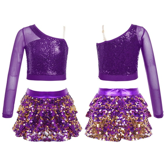 CHICTRY Kids Girls Jazz Dance Outfit Asymmetrical Metallic Sequins Tops with Tiered Ruffles Culottes Cheer Leader Dance Costume Purple 6