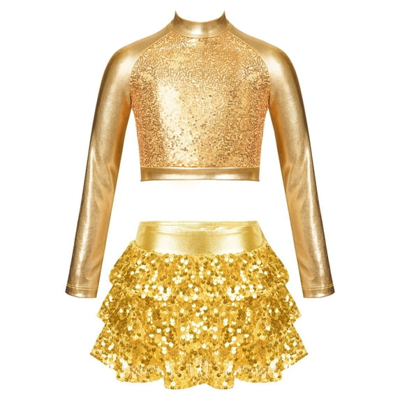 CHICTRY Kids Girls Jazz Dance Outfit Shiny Metallic Long Sleeve Crop Top with Tiered Ruffle Skirted Shorts Culottes Gold 8