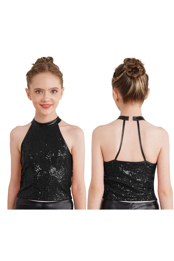Kids Girls Jazz Latin Dance Performance Costume Sparkly Sequins Backless Cheer Team Dance Crop Top Black 12