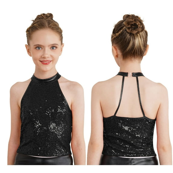CHICTRY Kids Girls Jazz Latin Dance Performance Costume Sparkly Sequins Backless Cheer Team Dance Crop Top Black 8