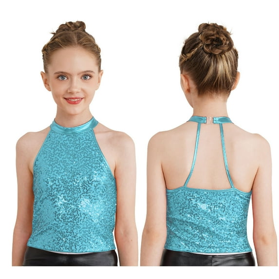 CHICTRY Kids Girls Jazz Latin Dance Performance Costume Sparkly Sequins Backless Cheer Team Dance Crop Top Light Blue 14