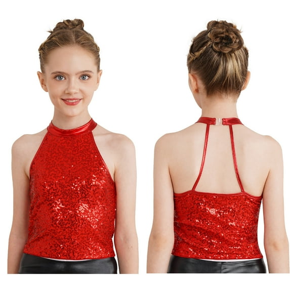 CHICTRY Kids Girls Jazz Latin Dance Performance Costume Sparkly Sequins Backless Cheer Team Dance Crop Top Red 14