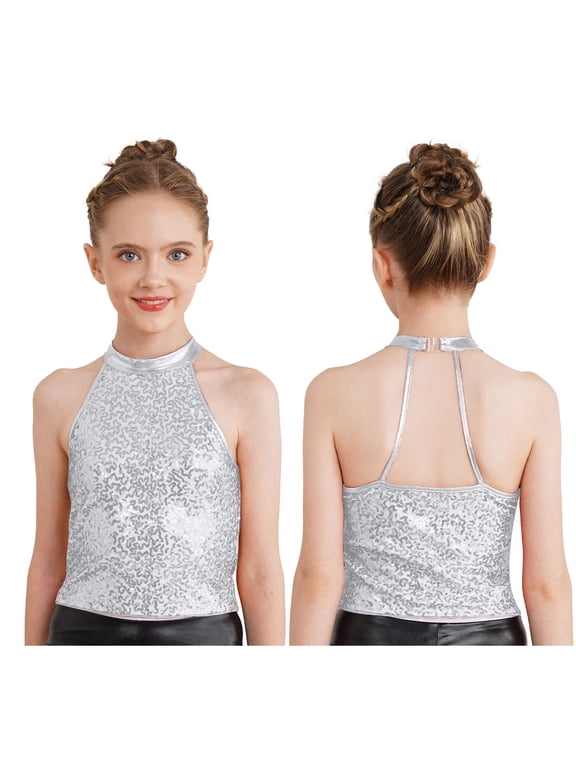 Kids Girls Jazz Latin Dance Performance Costume Sparkly Sequins Backless Cheer Team Dance Crop Top Silver 10
