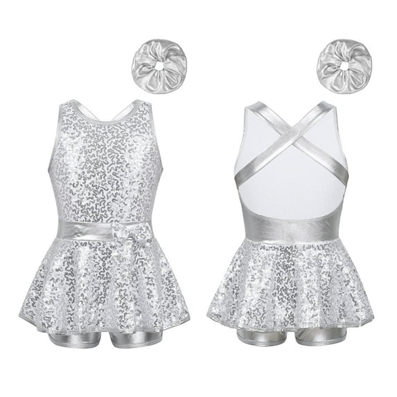 CHICTRY Kids Girls Jazz Modern Dance Costume Allover Sparkling Sequins Leotard Dress with Hair Band Stage Wear A Silver 10