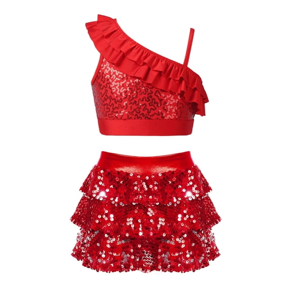 CHICTRY Kids Girls Jazz Modern Dance Outfit Asymmetrical Shoulder Sequins Crop Top with Tiered Ruffle Culottes Red 10