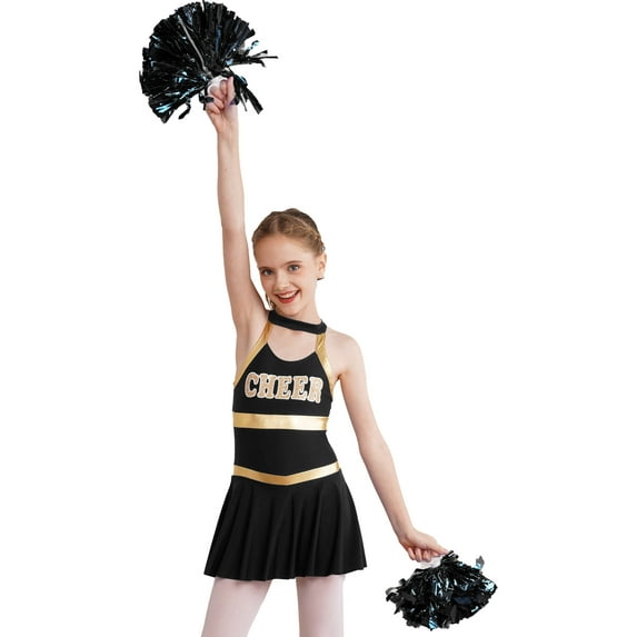 CHICTRY Kids Girls Letters Printed Cheers Uniform Hollow Back Dress with Pompoms for Cheerleading Dance Black 16
